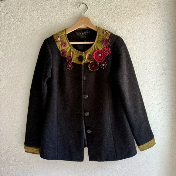 Icelandic Design Green Silk Appliqué Embroidered Lined Wool Jacket Women’s Sm - Picture 1 of 16